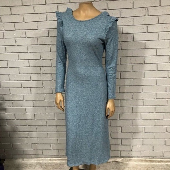 Du Paradis Dresses & Skirts - Du Paradis Blue Metallic Knit Ruffle Shoulder Back Cutout Maxi Dress Glam NWT L